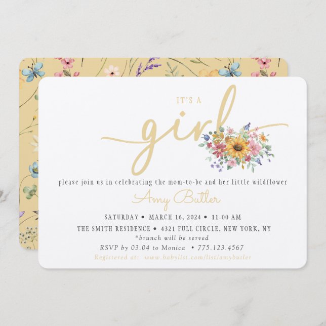 Invitación Wildflower Yellow Baby Shower Invitation (Anverso / Reverso)