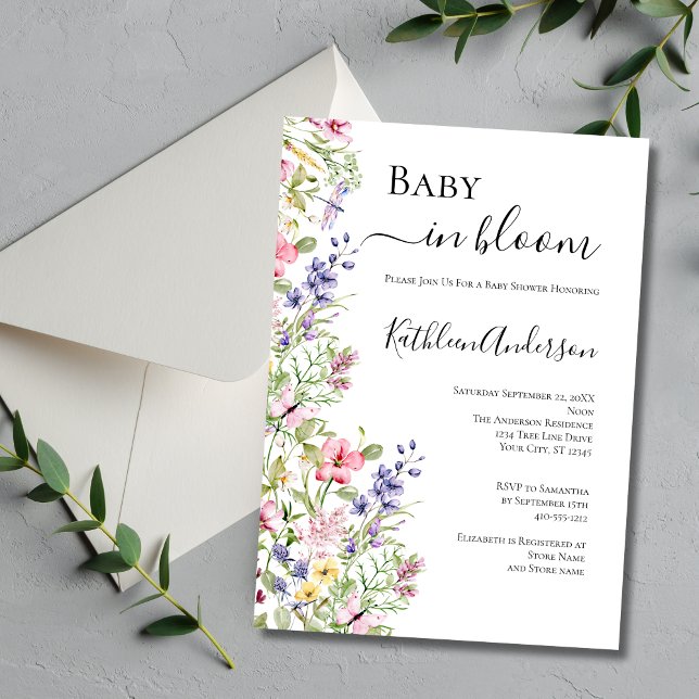 Invitación Wildflowers Baby En Flor Rosa Morado Baby Shower (Wildflowers Baby in Bloom Pink Purple Flowers Dragonfly Baby Shower invitation)