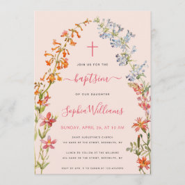 Invitación Wildflowers Baptism Pink Floral Watercolor Girl 