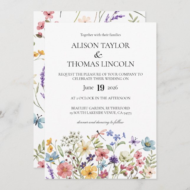 Invitación Wildflowers butterfly and dragonfly Wedding  (Anverso / Reverso)