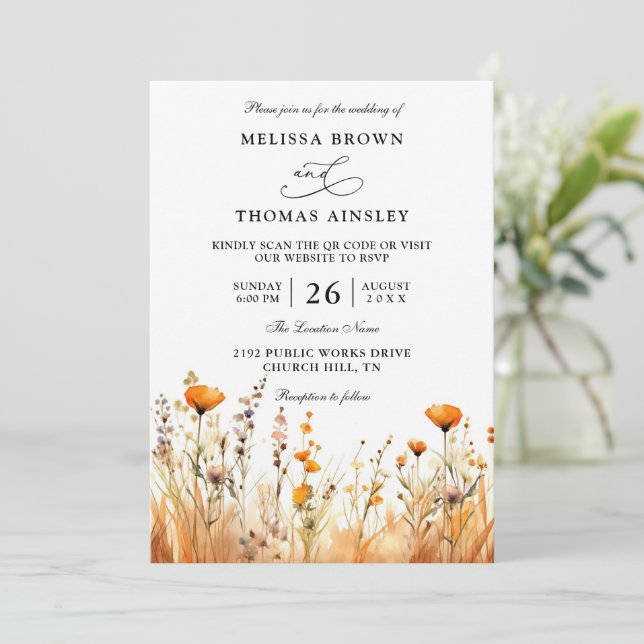 Invitación Wildflowers Elegant Modern Budget QR Code Wedding (Anverso de pie)