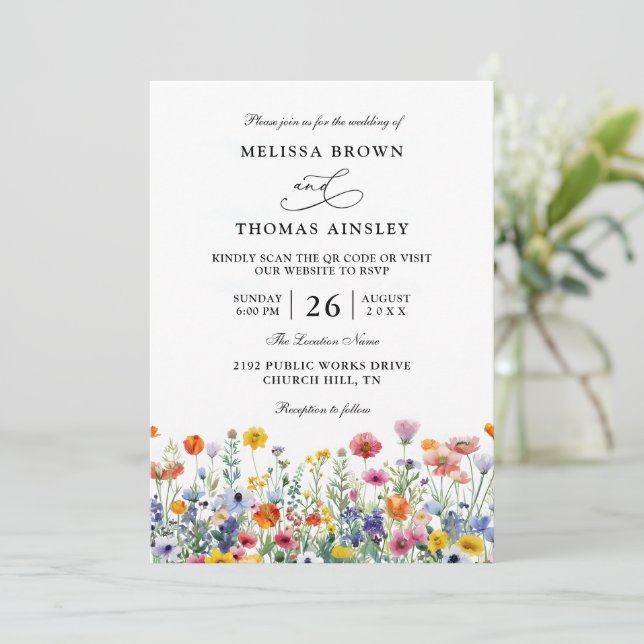 Invitación Wildflowers Elegant Modern Budget QR Code Wedding (Anverso de pie)