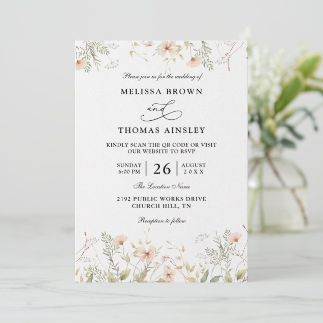 Invitación Wildflowers Elegant Modern Budget QR Code Wedding (Anverso de pie)