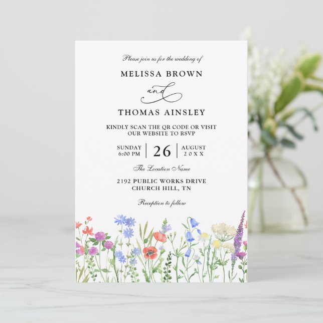 Invitación Wildflowers Elegant Modern Budget QR Code Wedding (Anverso de pie)