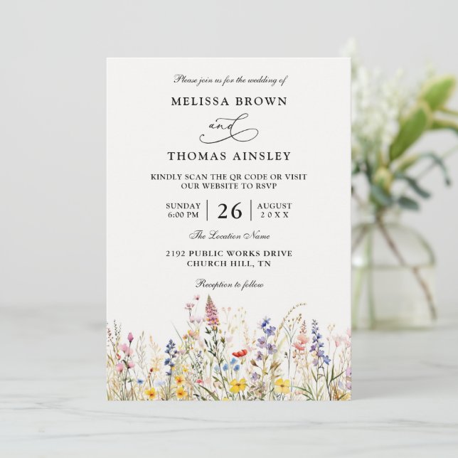 Invitación Wildflowers Elegant Modern Budget QR Code Wedding (Anverso de pie)