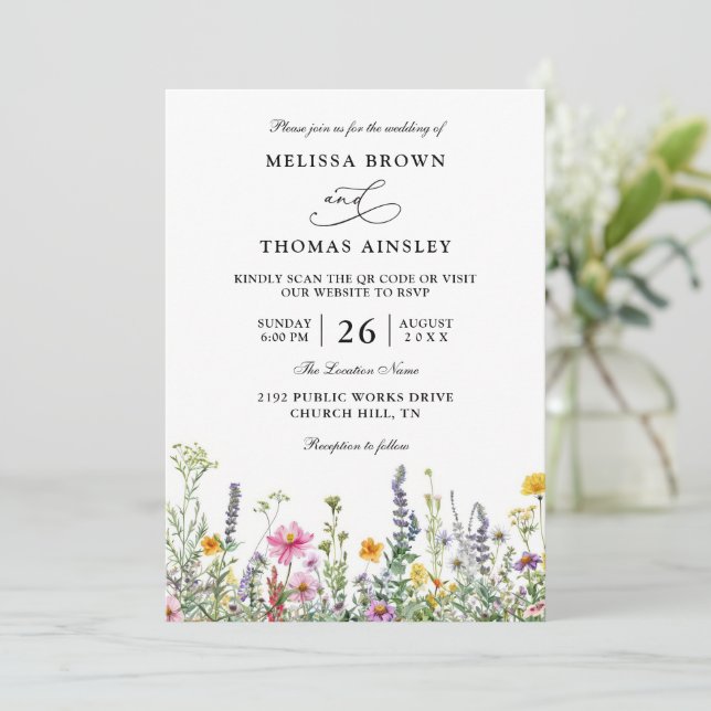 Invitación Wildflowers Elegant Modern Budget QR Code Wedding (Anverso de pie)