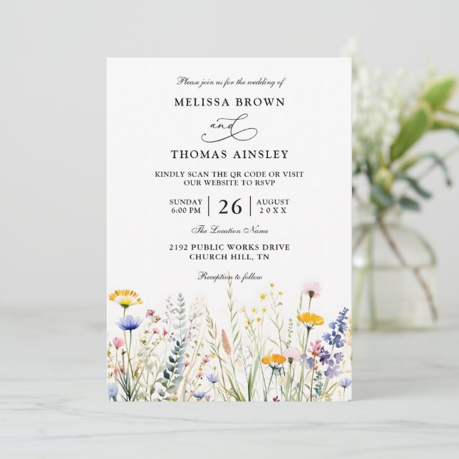 Invitación Wildflowers Elegant Modern Budget QR Code Wedding (Anverso de pie)