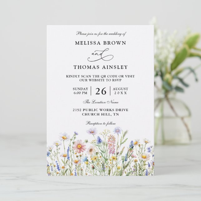Invitación Wildflowers Elegant Modern Budget QR Code Wedding (Anverso de pie)