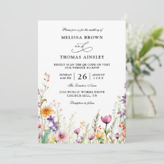 Invitación Wildflowers Elegant Modern Budget QR Code Wedding