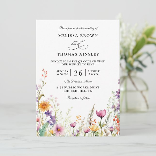 Invitación Wildflowers Elegant Modern Budget QR Code Wedding (Anverso de pie)