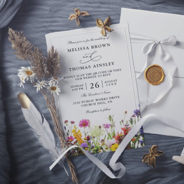 Invitación Wildflowers Elegant Modern Budget QR Code Wedding (Subido por el creador)
