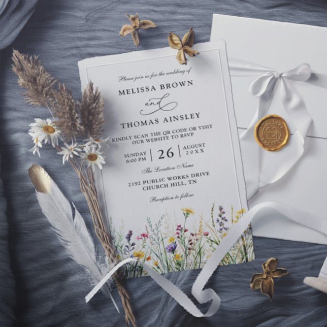 Invitación Wildflowers Elegant Modern Budget QR Code Wedding (Subido por el creador)
