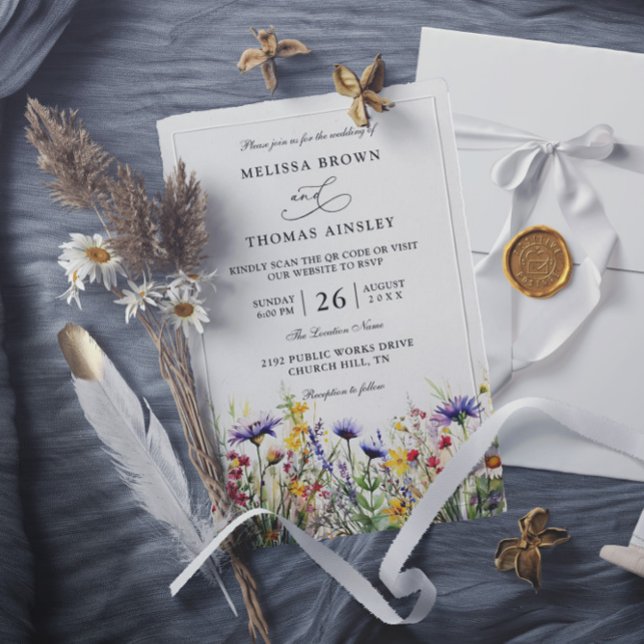 Invitación Wildflowers Elegant Modern Budget QR Code Wedding (Subido por el creador)
