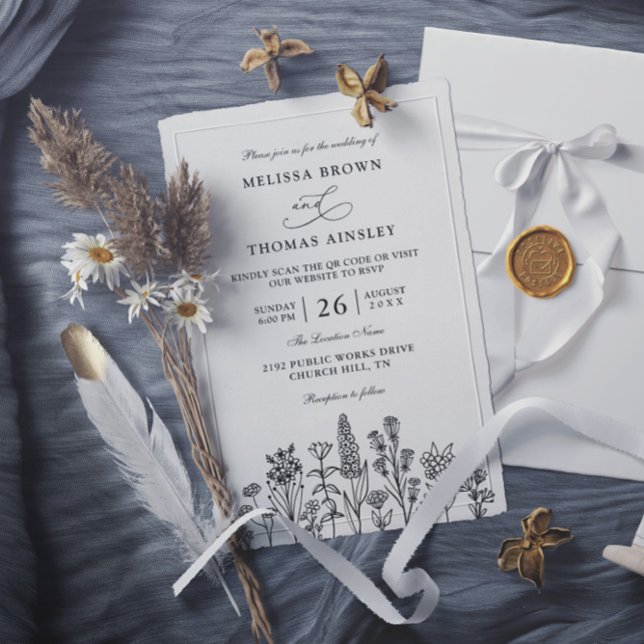 Invitación Wildflowers Elegant Modern Budget QR Code Wedding (Subido por el creador)