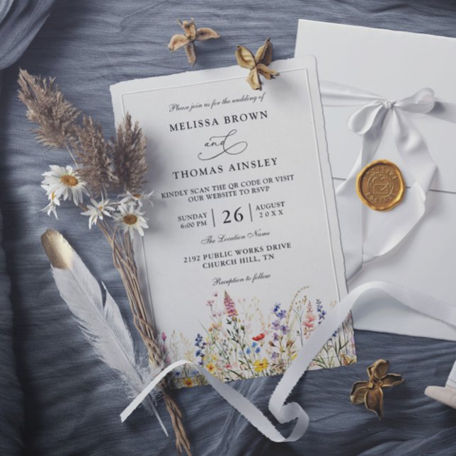 Invitación Wildflowers Elegant Modern Budget QR Code Wedding (Subido por el creador)