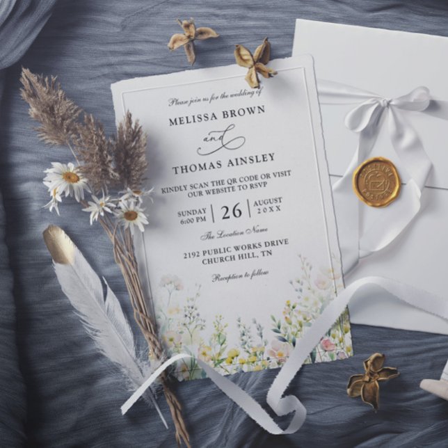 Invitación Wildflowers Elegant Modern Budget QR Code Wedding (Subido por el creador)