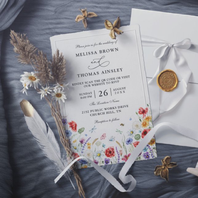 Invitación Wildflowers Elegant Modern Budget QR Code Wedding (Subido por el creador)