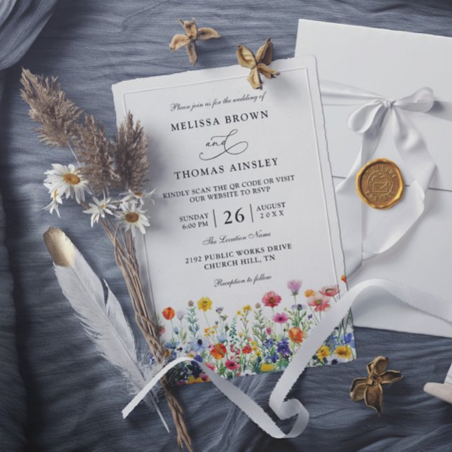 Invitación Wildflowers Elegant Modern Budget QR Code Wedding (Subido por el creador)