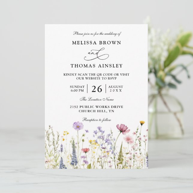 Invitación Wildflowers Elegant Modern Budget QR Code Wedding (Anverso de pie)