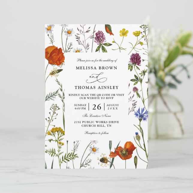 Invitación Wildflowers Elegant Modern Budget QR Code Wedding (Anverso de pie)