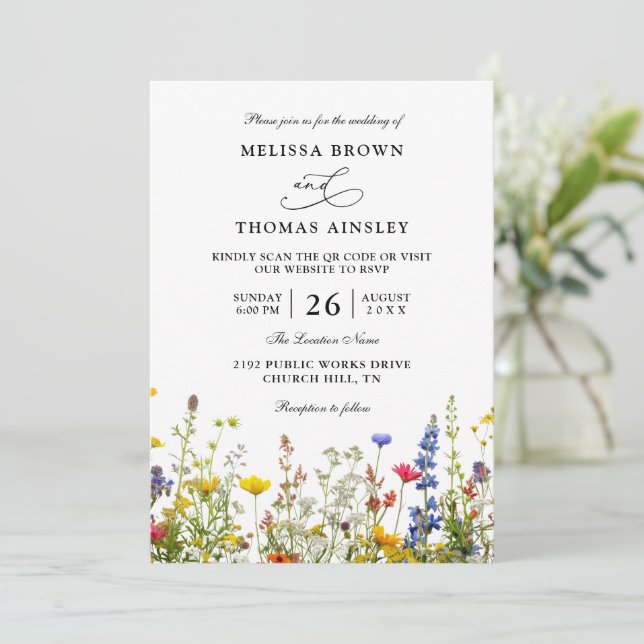 Invitación Wildflowers Elegant Modern Budget QR Code Wedding (Anverso de pie)