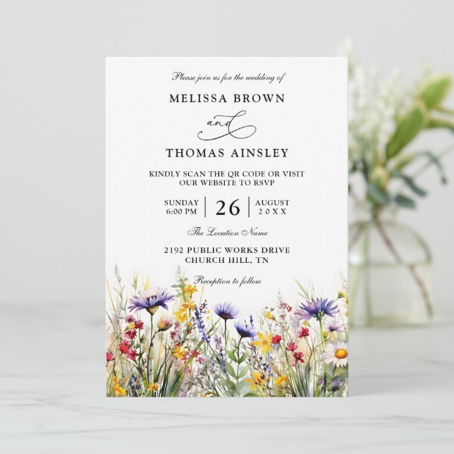 Invitación Wildflowers Elegant Modern Budget QR Code Wedding (Anverso de pie)