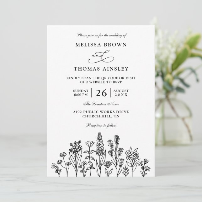 Invitación Wildflowers Elegant Modern Budget QR Code Wedding (Anverso de pie)