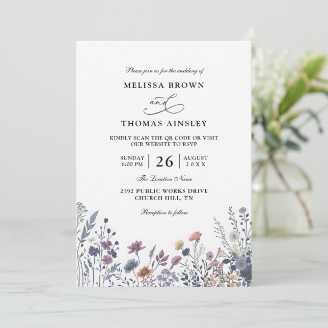 Invitación Wildflowers Elegant Modern Budget QR Code Wedding (Anverso de pie)