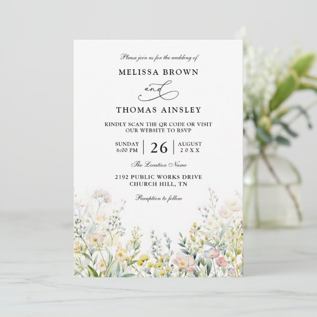 Invitación Wildflowers Elegant Modern Budget QR Code Wedding (Anverso de pie)