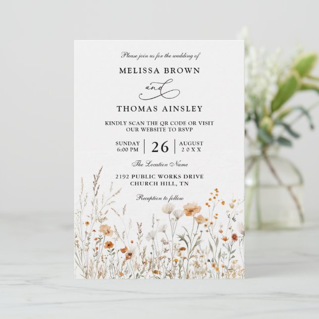 Invitación Wildflowers Elegant Modern Budget QR Code Wedding (Anverso de pie)