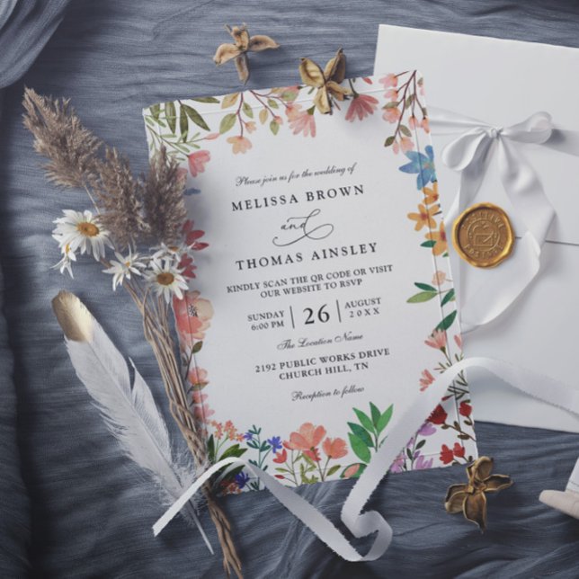 Invitación Wildflowers Elegant Modern Chic QR Code Wedding (Subido por el creador)