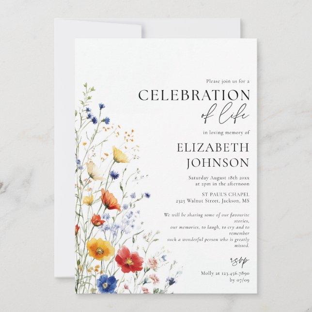 Invitación Wildflowers Floral Celebration of Life Funeral (Anverso)