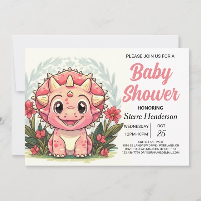 Invitación Wildflowers Girly Dinosaur Chica Baby Shower (Anverso)