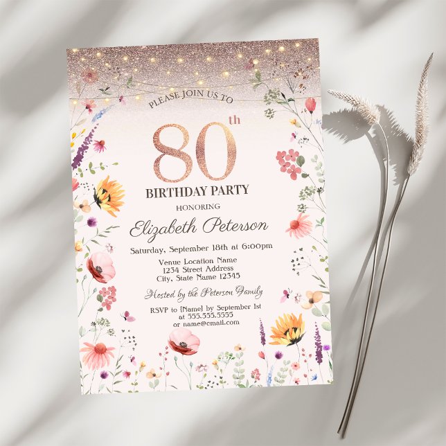 Invitación Wildflowers Glitter String Lights 80th Birthday   (Subido por el creador)