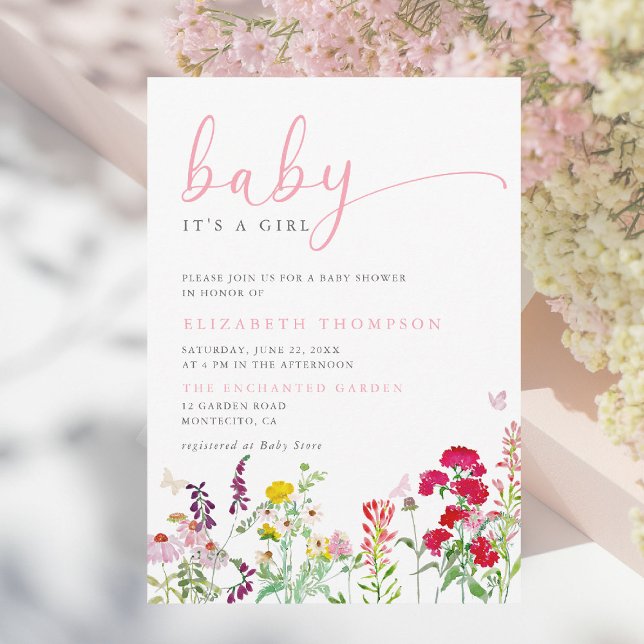 Invitación Wildflowers Meadow Sunny Floral Chica Baby Shower (wildflowers baby girl shower invitation colorful floral elegant modern calligraphy garden party)