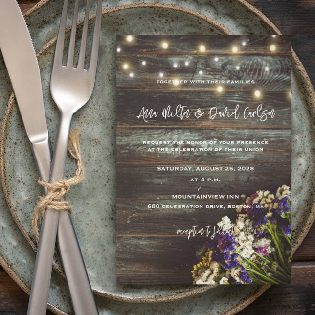 Invitación Wildflowers on Wood String Lights Rustic Wedding (Subido por el creador)