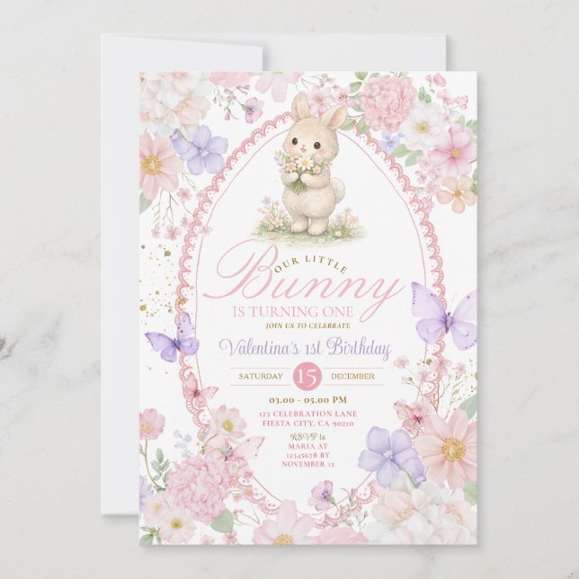 Invitación Wildflowers Pink Bunny First Birthday Invitation  (Anverso)