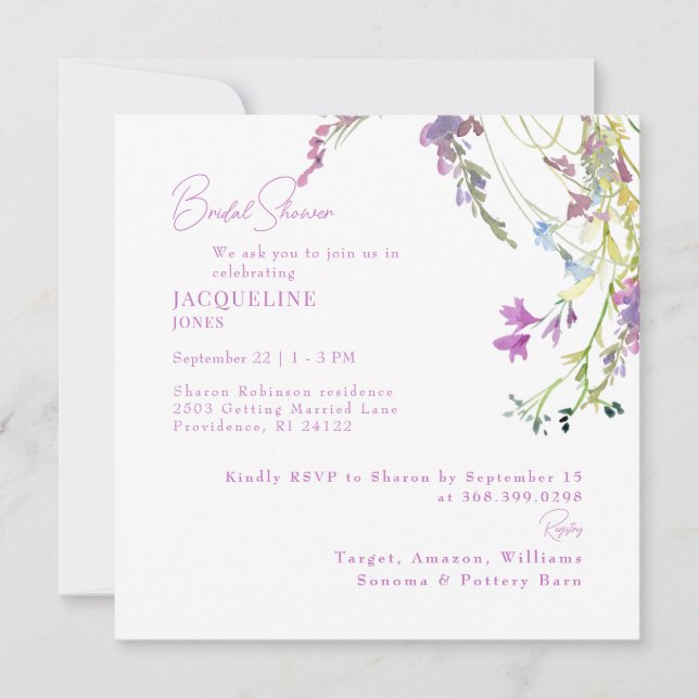 Invitación  Wildflowers Square Lavender Bridal Shower (Anverso)