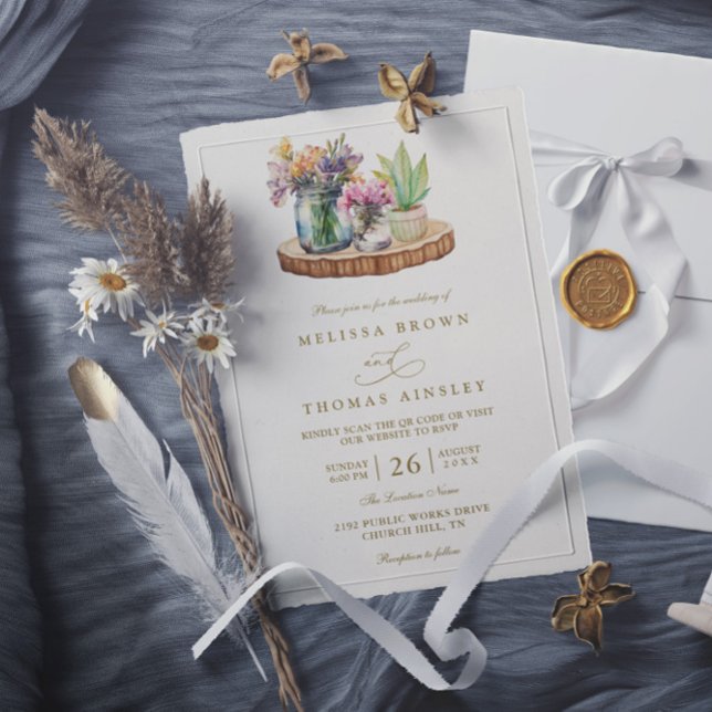 Invitación Wildflowers wood Mason Jars Boho QR Code Wedding (Subido por el creador)