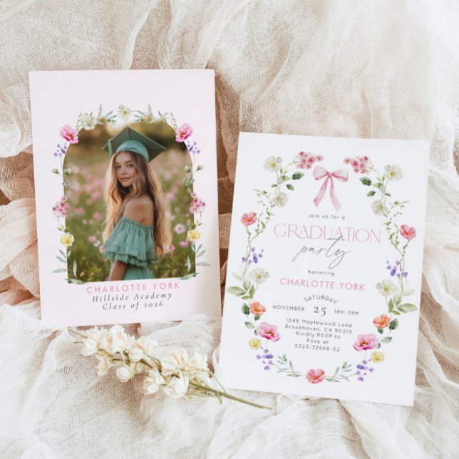 Invitación Wildlfower Graduation party Pink Bow (Subido por el creador)