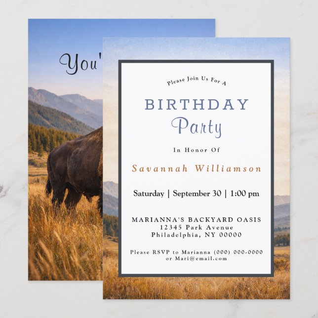 Invitación Wildlife Landscape American Bison Birthday (Anverso / Reverso)