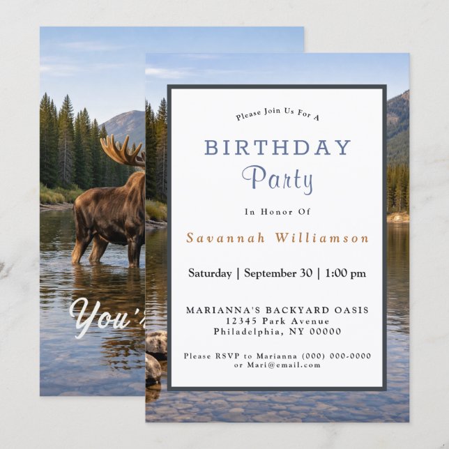 Invitación Wildlife Moose Mountain River Birthday (Anverso / Reverso)