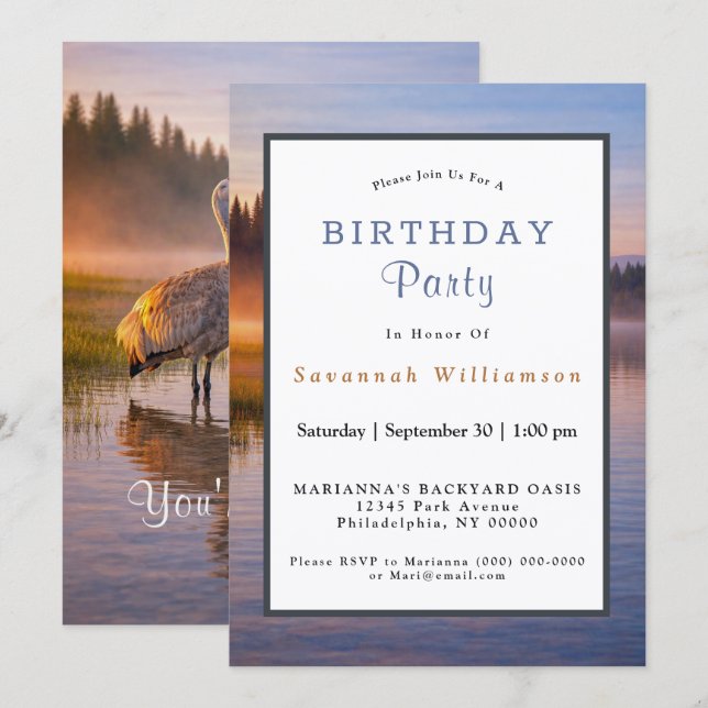 Invitación Wildlife Sandhill Crane Serene Landscape Birthday (Anverso / Reverso)