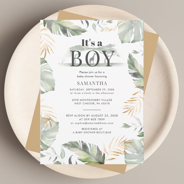 Invitación Wilgle Safari Botanari Boy Baby Shower (Its A Boy Jungle Baby Shower Invitation)