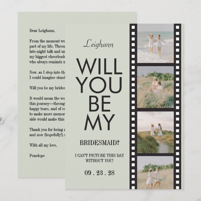 Invitación Will You Be My Bridesmaid Photo Green Reel (Anverso / Reverso)