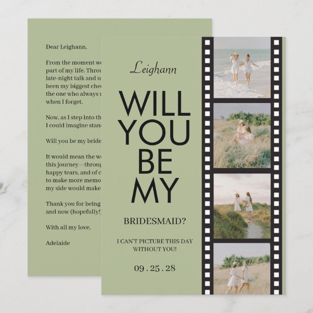 Invitación Will You Be My Bridesmaid Photo Green Reel (Anverso / Reverso)