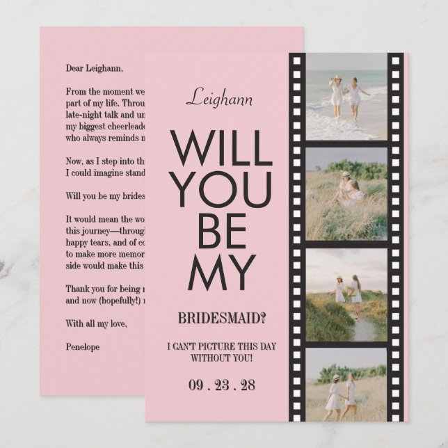 Invitación Will You Be My Bridesmaid Photo Pink Reel (Anverso / Reverso)