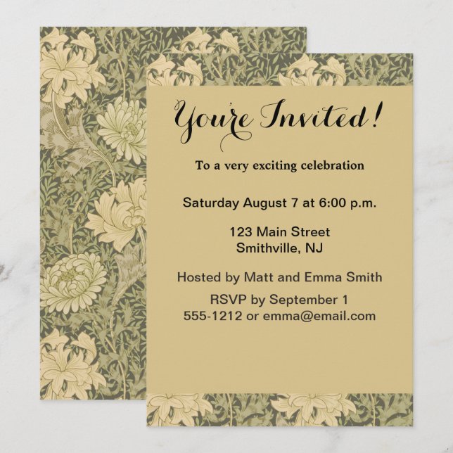 Invitación William Morris Chrysanthemum Sage Flower (Anverso / Reverso)