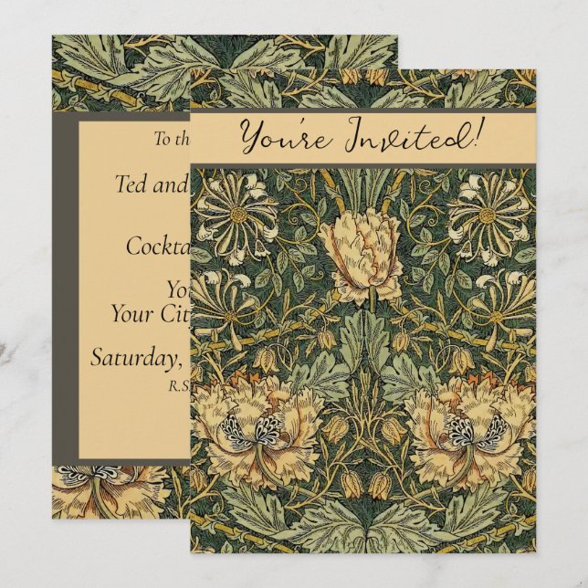 Invitación William Morris Honeysuckle Green Floral (Anverso / Reverso)