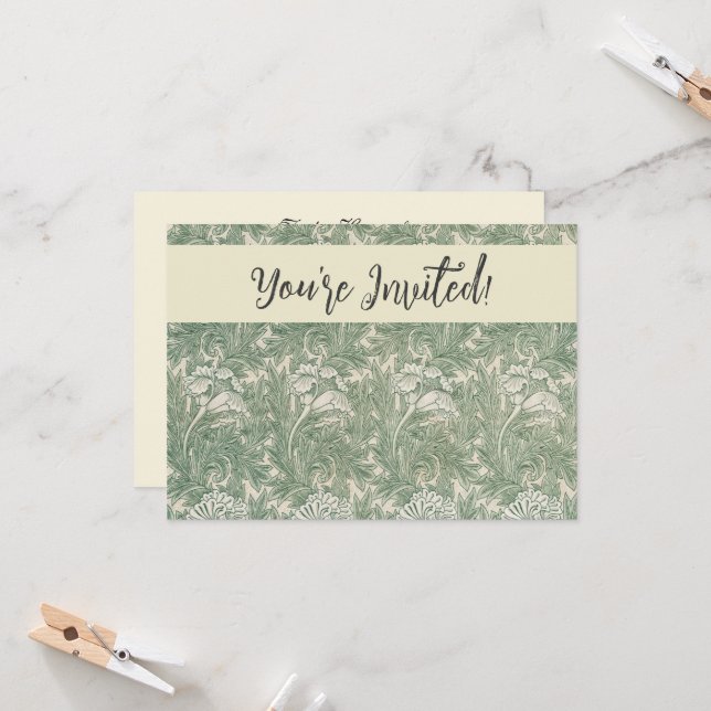 Invitación William Morris Verde Salvia Estampado de Tulipán:  (Anverso/Reverso In Situ)